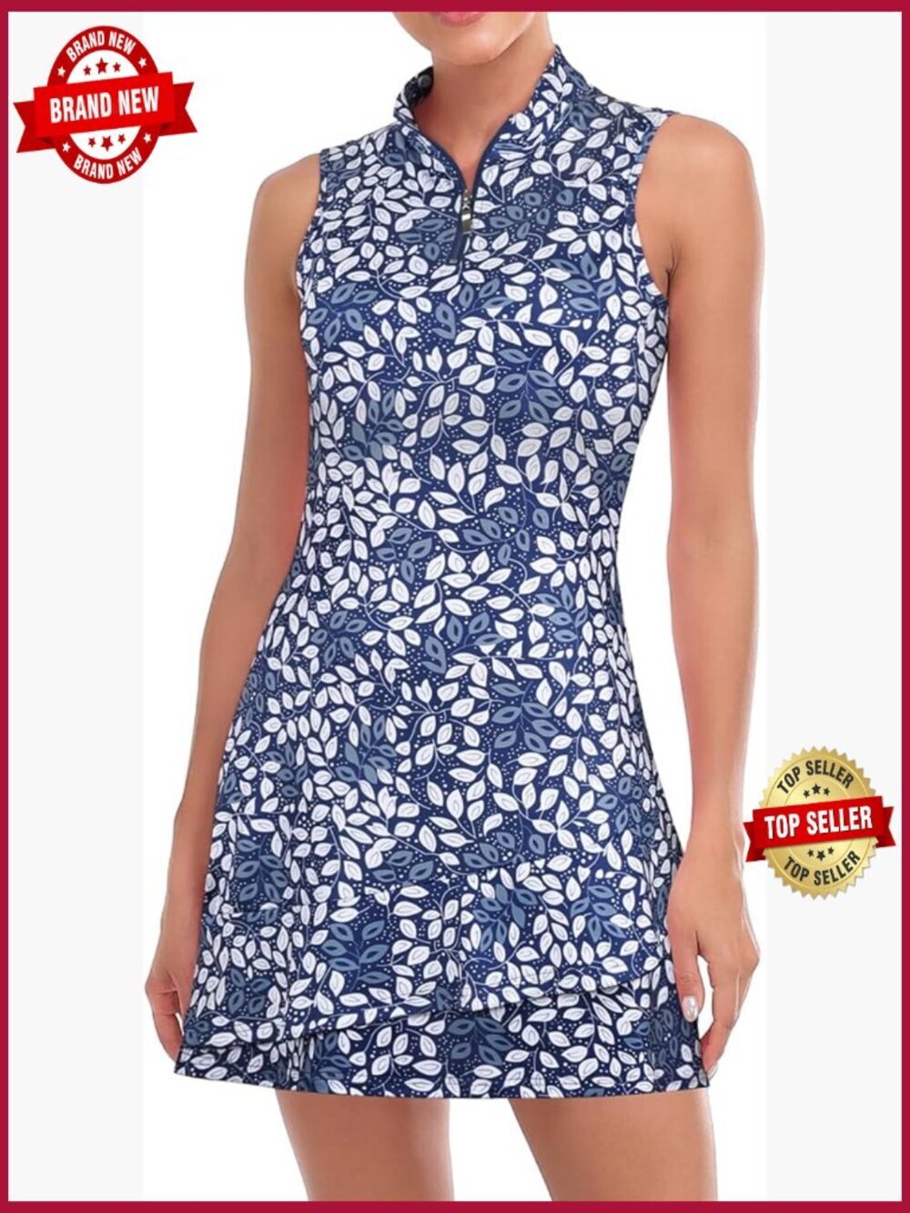 Sleeveless Tennis Dress with Shorts and Pockets Zip Up Stand Collar Golf Outfit
